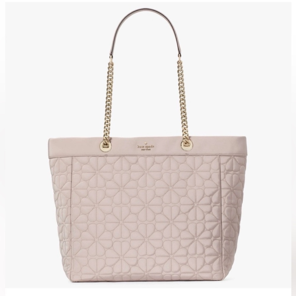 NEW Kate Spade XL Tote Spade flower cozy grey quilted fabric with gold chain